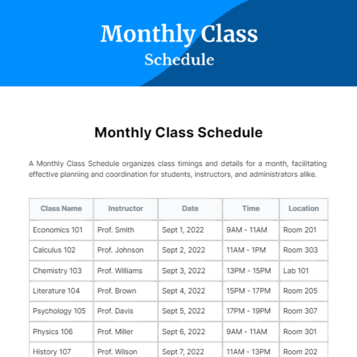 Monthly Class Schedule Template - Edit Online & Download