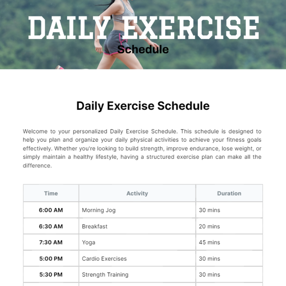 Daily Exercise Schedule Template - Edit Online & Download