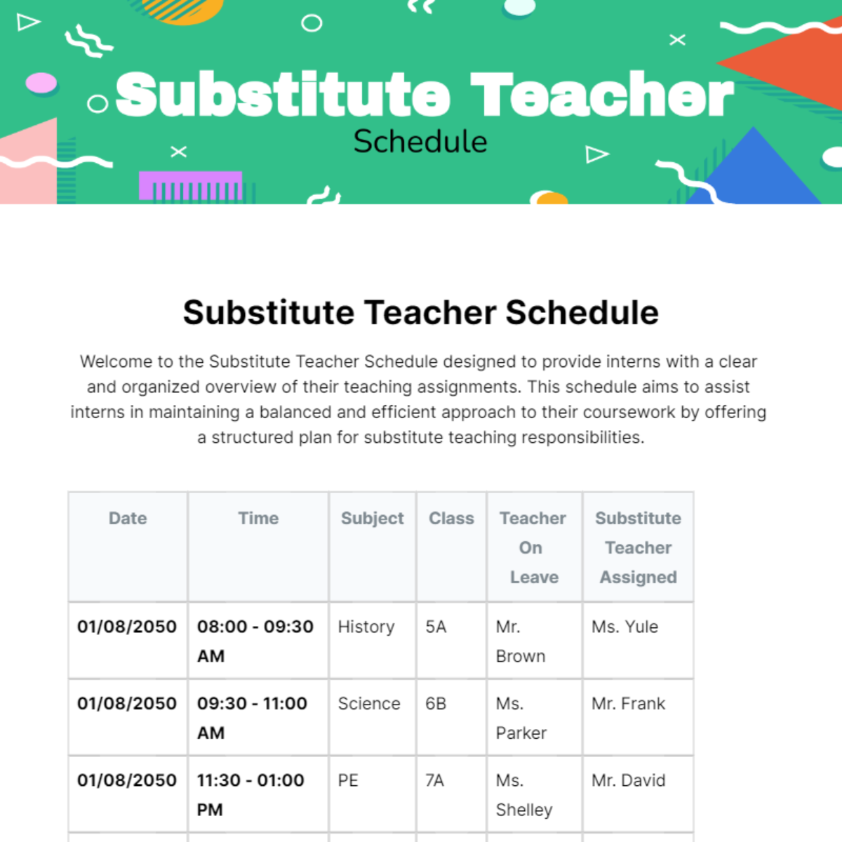 Substitute Teacher Schedule Template - Edit Online & Download