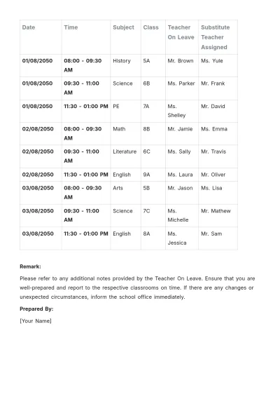 Free Substitute Teacher Schedule Template to Edit Online