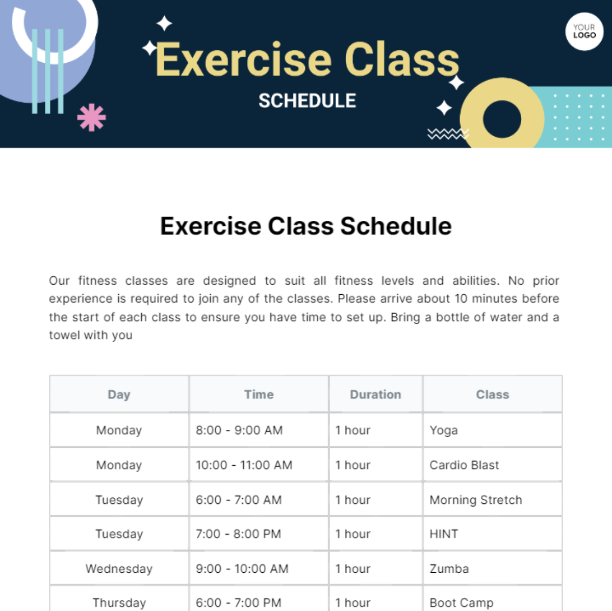 Exercise Class Schedule Template - Edit Online & Download