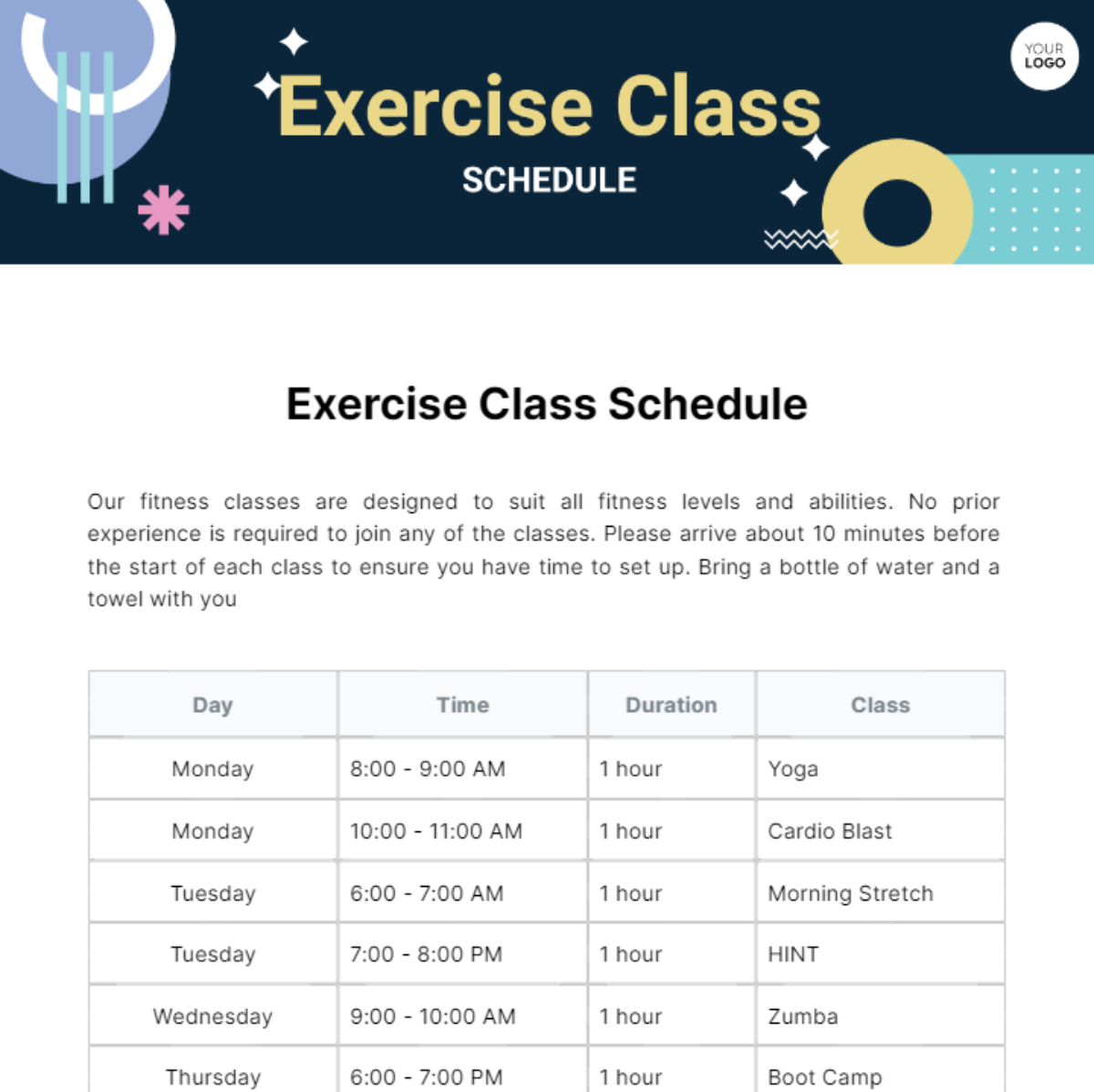 Free Exercise Class Schedule Template Edit Online Download
