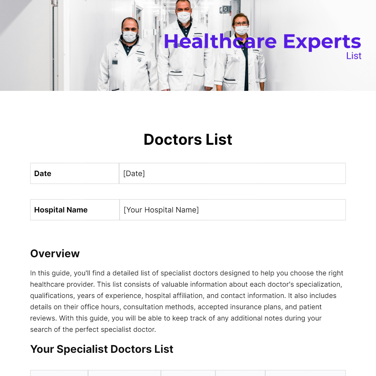 Doctors List Template