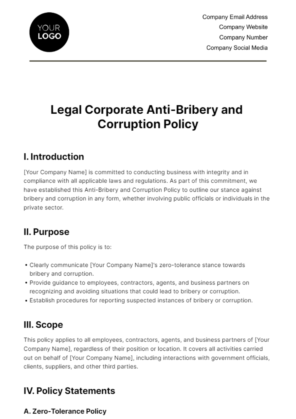 Legal Corporate Anti-Bribery and Corruption Policy Template
