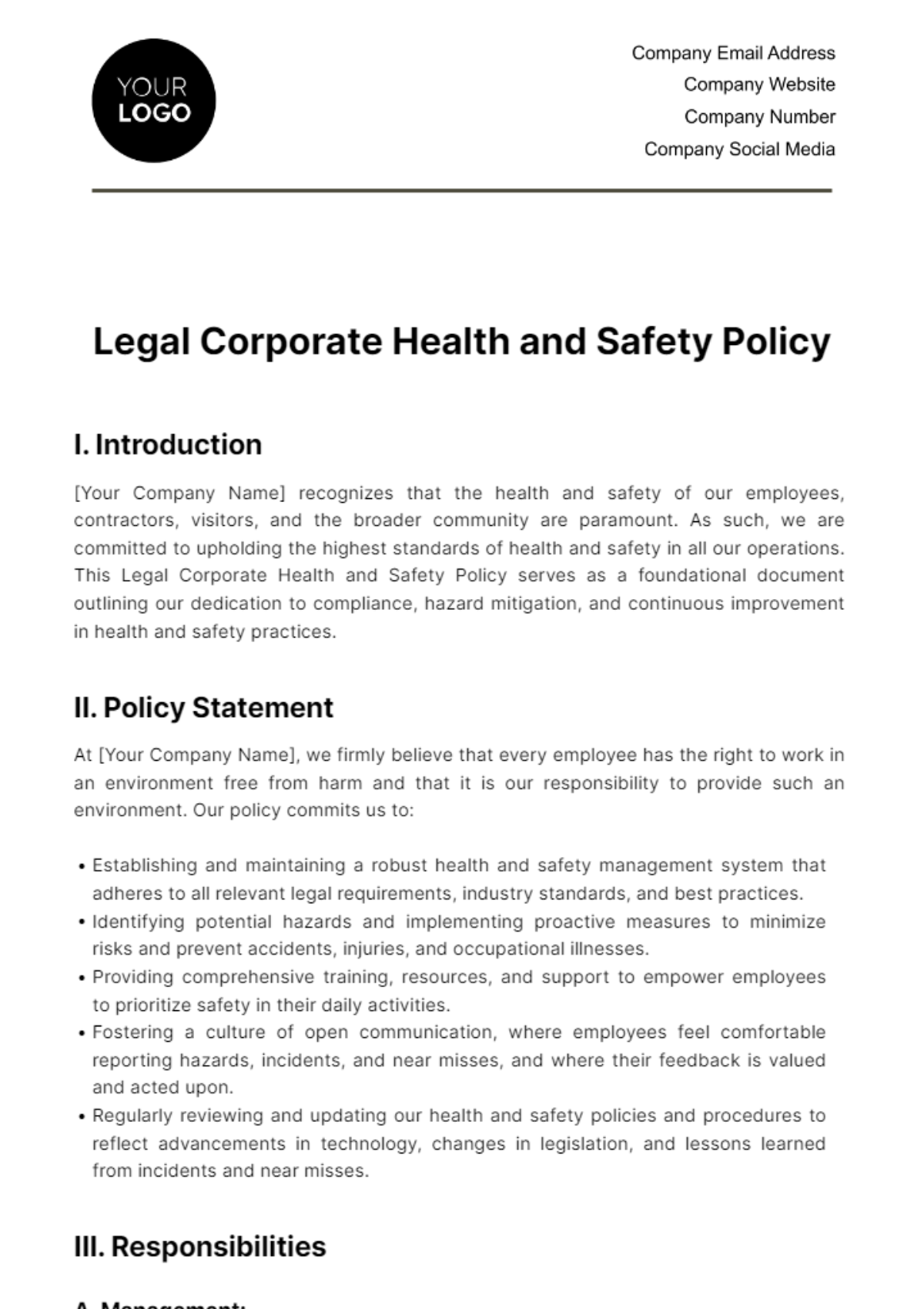 Legal Corporate Health and Safety Policy Template