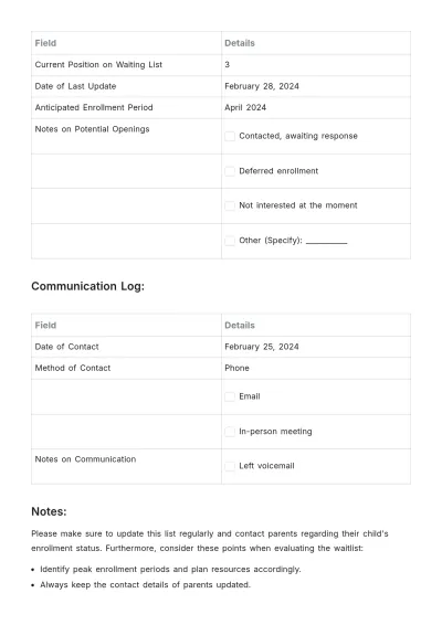 Free Daycare Waiting List Template to Edit Online