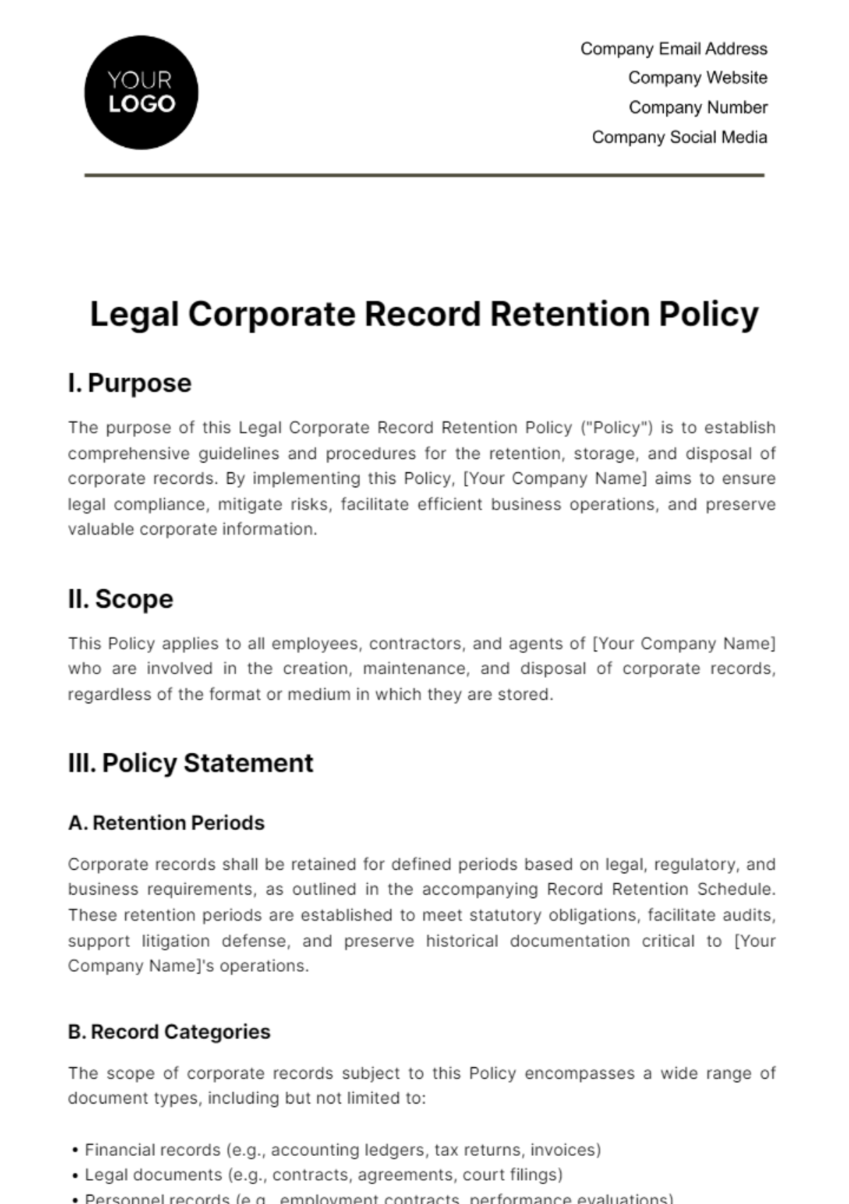 Legal Corporate Record Retention Policy Template