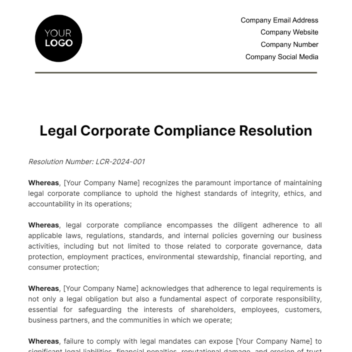 Legal Corporate Compliance Resolution Template
