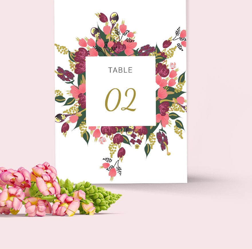 Pink Floral Wedding Table Card Template
