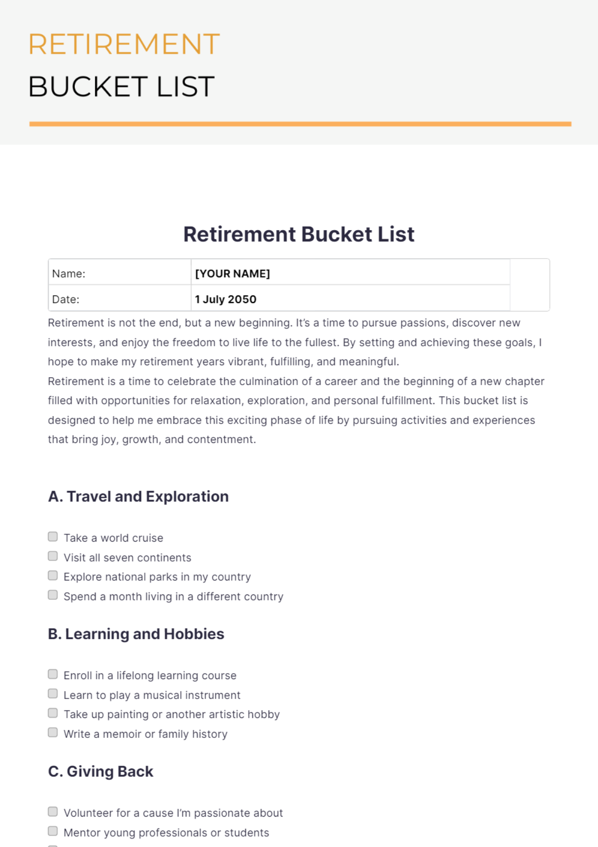 Retirement Bucket List Template