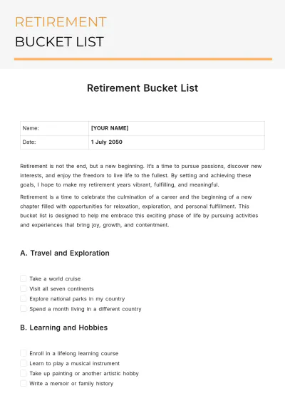 Free Retirement Bucket List Template to Edit Online
