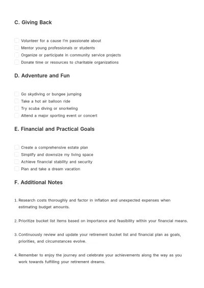 Free Retirement Bucket List Template to Edit Online