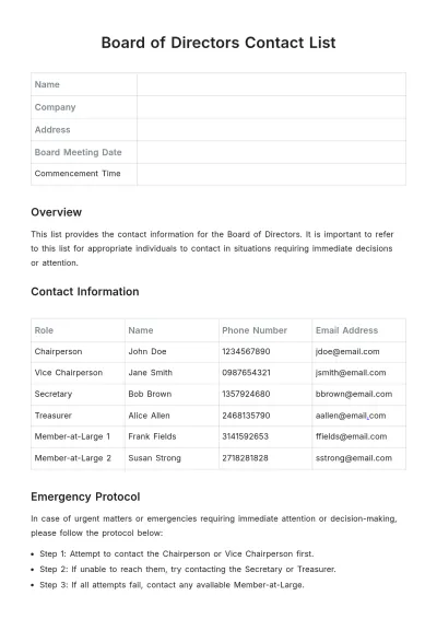 Free Board Of Directors Contact List Template to Edit Online