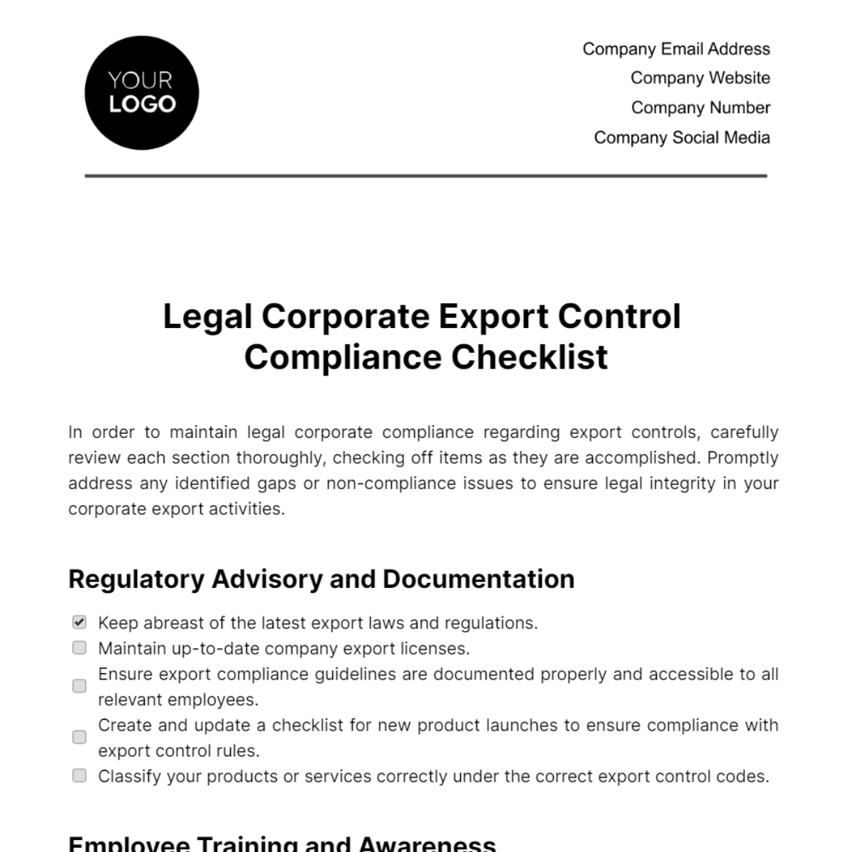 Legal Corporate Export Control Compliance Checklist Template