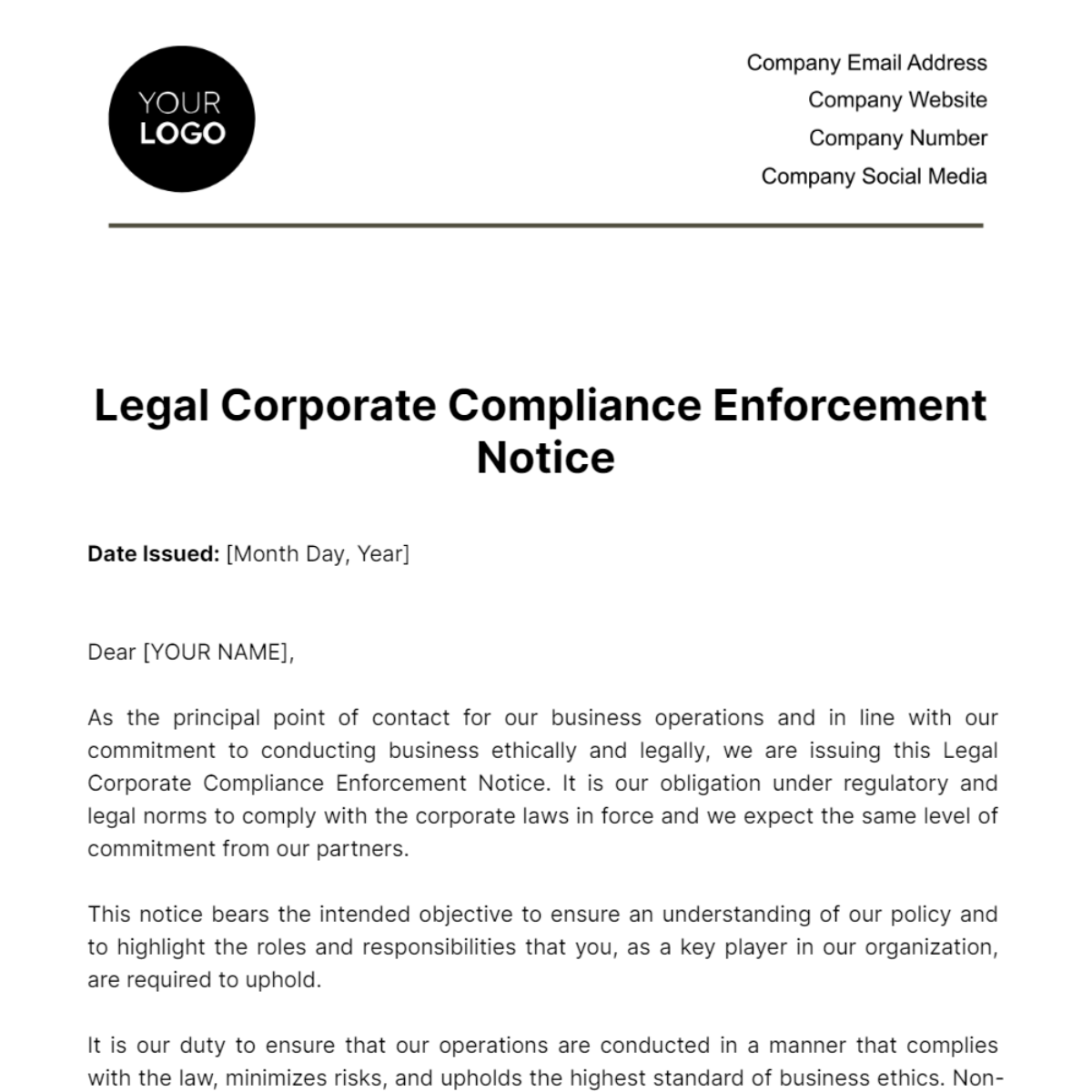 Legal Corporate Compliance Enforcement Notice Template