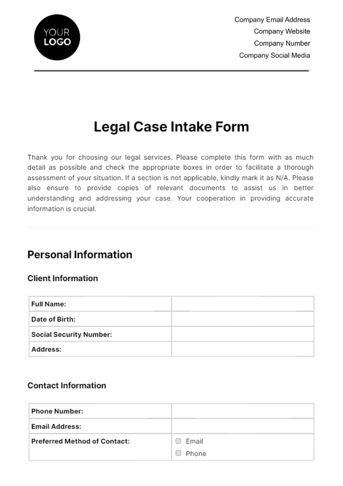 Legal Case Intake Form Template