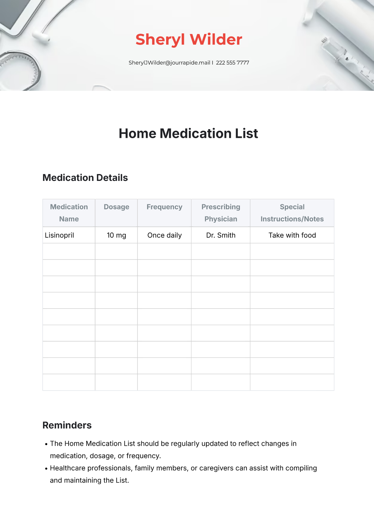 Free Home Medication List Template