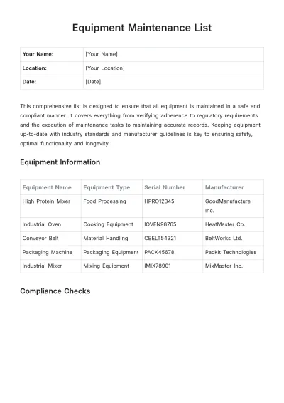Free Equipment Maintenance List Template to Edit Online