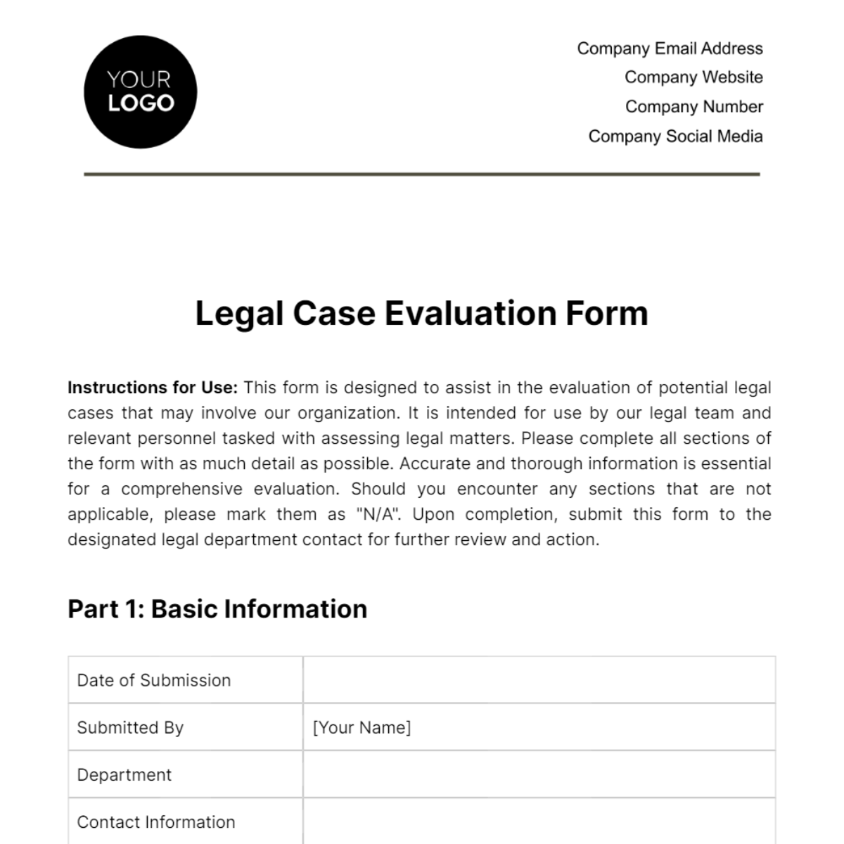 Free Legal Case Evaluation Form Template