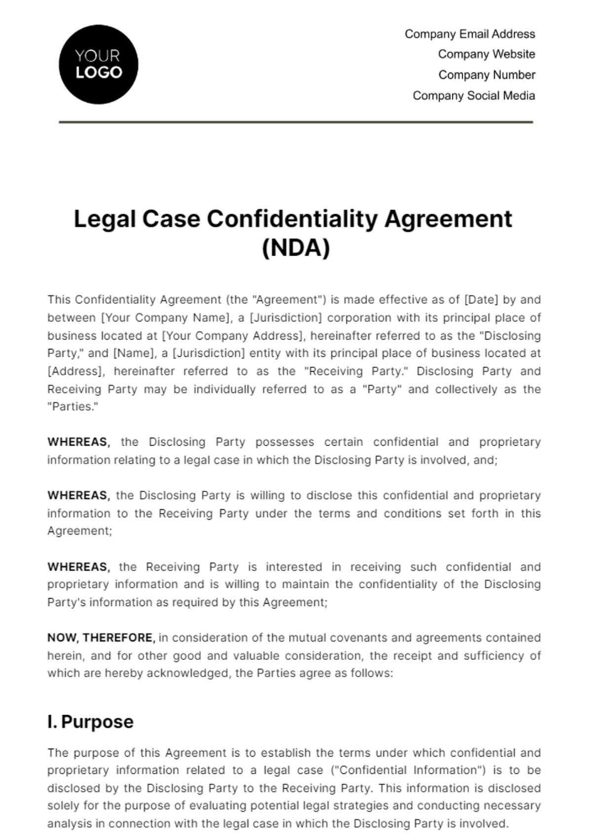Free Legal Case Confidentiality Agreement (NDA) Template