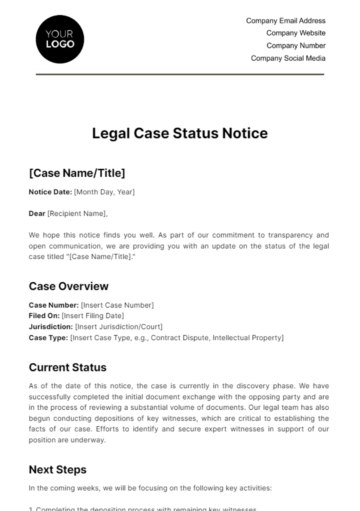 Free Legal Case Status Notice Template