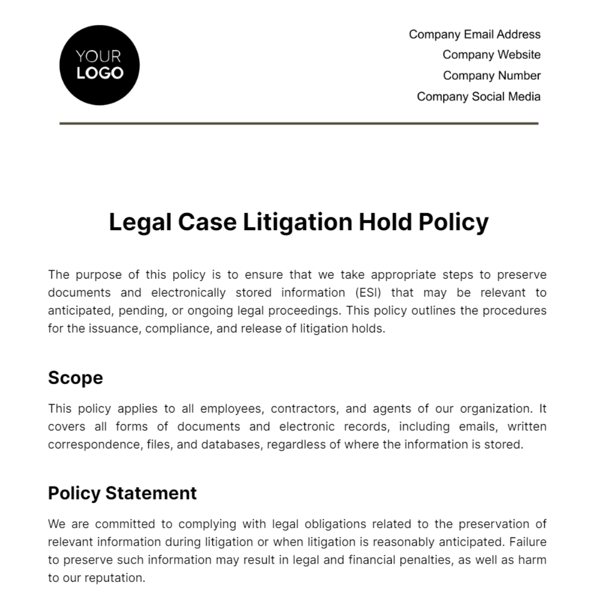 Legal Case Litigation Hold Policy Template