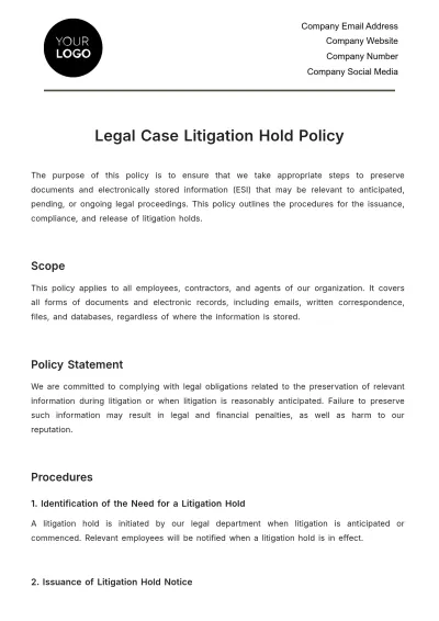 Free Legal Case Litigation Hold Policy Template to Edit Online