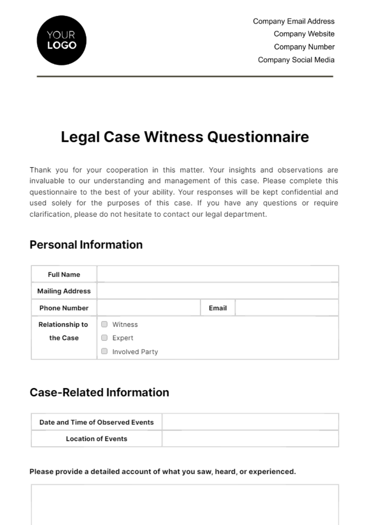 Free Legal  Case Witness Questionnaire Template