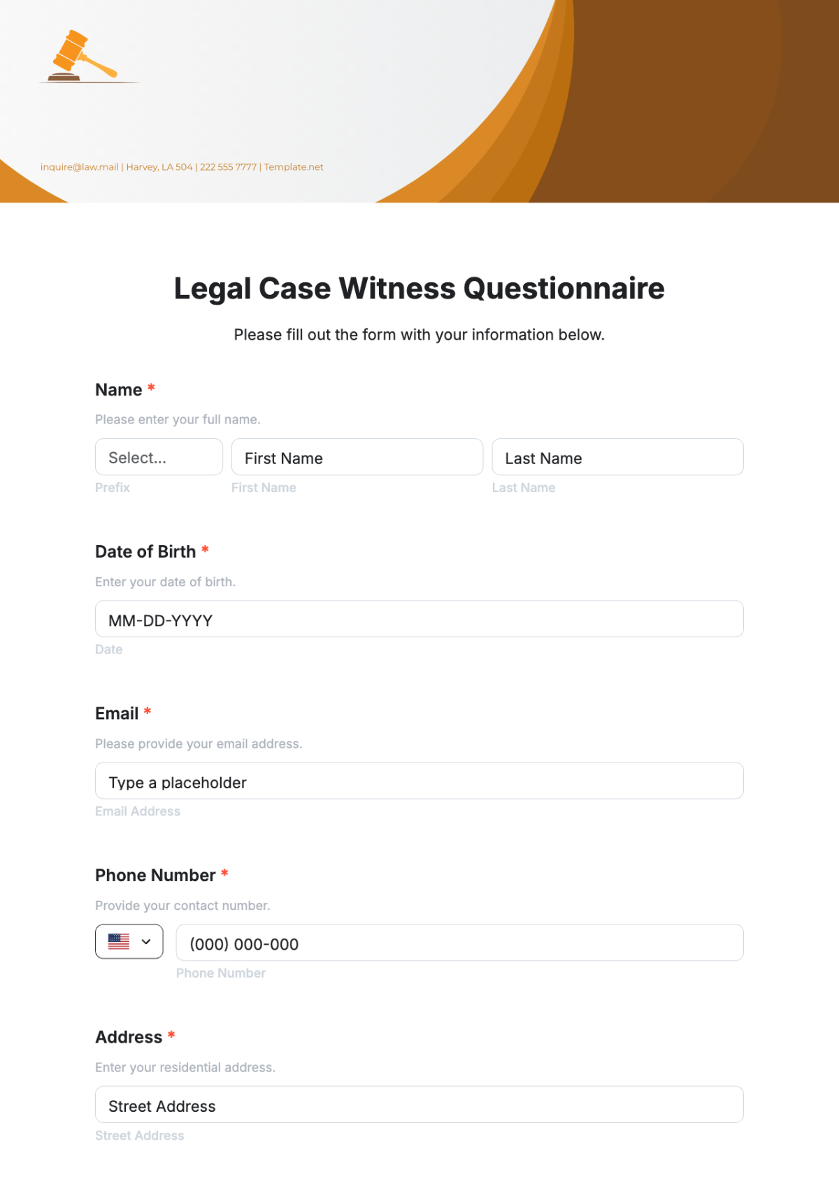 Free Legal  Case Witness Questionnaire Template to Edit Online