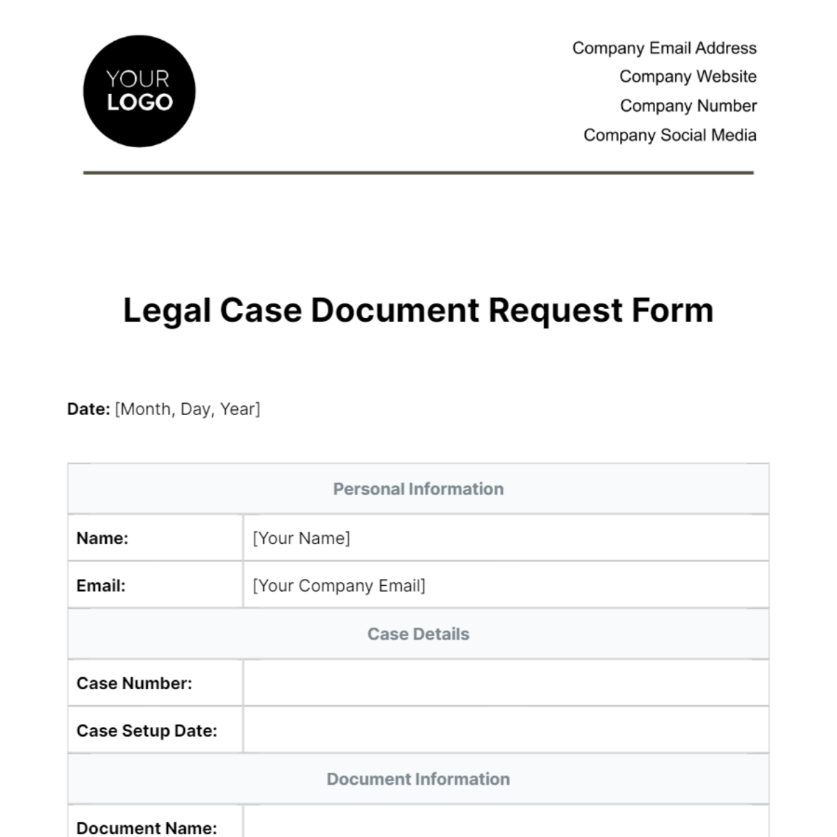 Free Legal Case Document Request Form Template