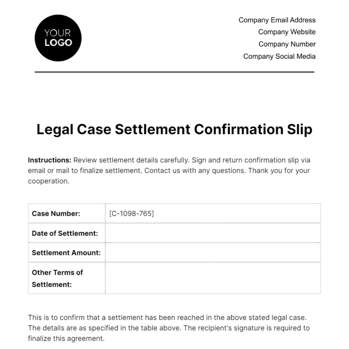 Free Legal Case Settlement Confirmation Slip Template