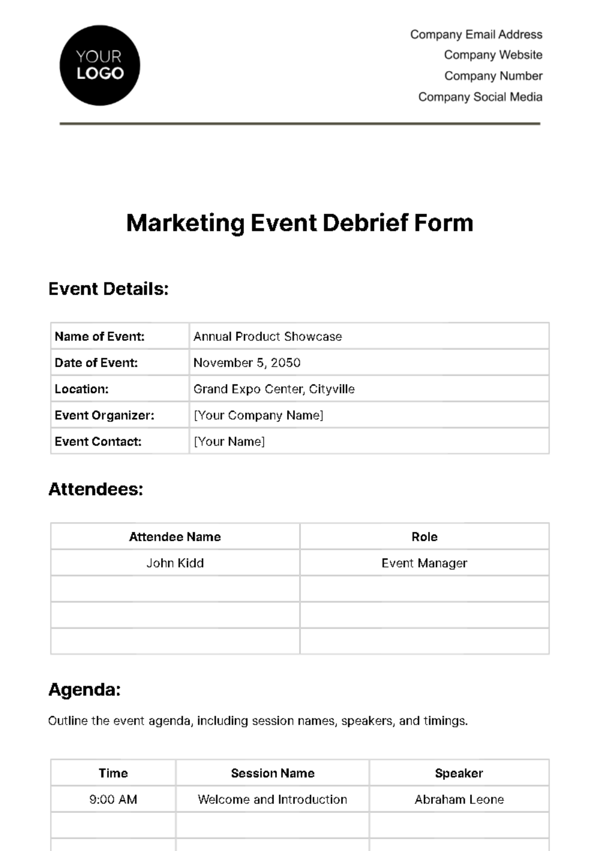 Marketing Event Debrief Form Template