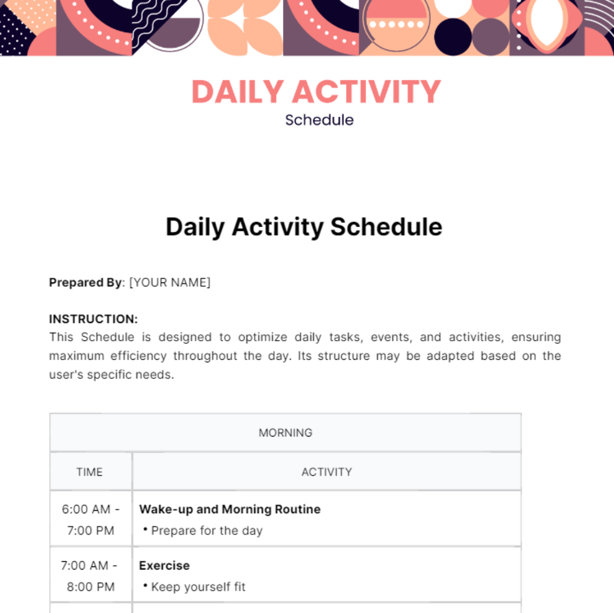 Free Daily Activity Schedule Template