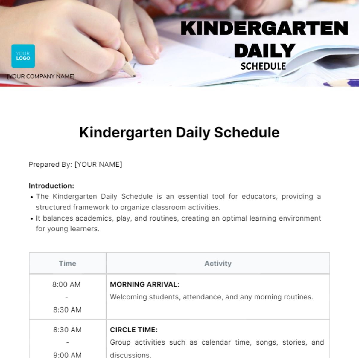 Kindergarten Daily Schedule Template