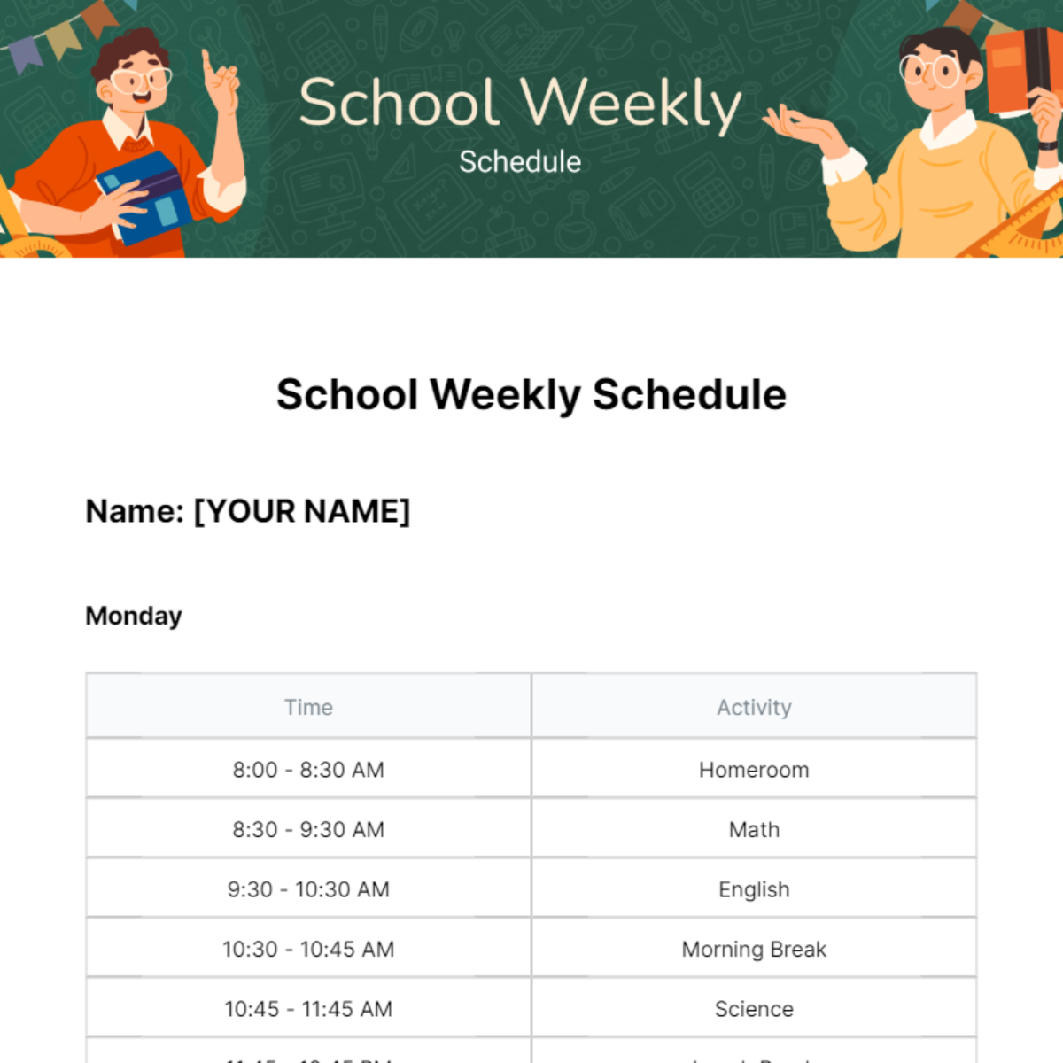 School Weekly Schedule Template - Edit Online & Download