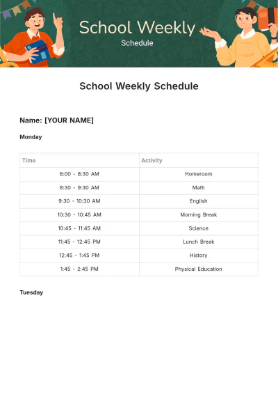Free School Weekly Schedule Template to Edit Online