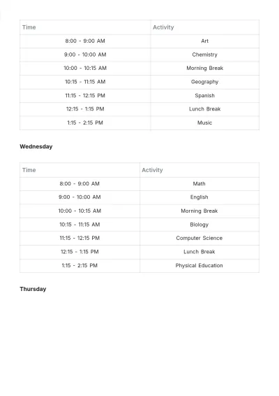 Free School Weekly Schedule Template to Edit Online