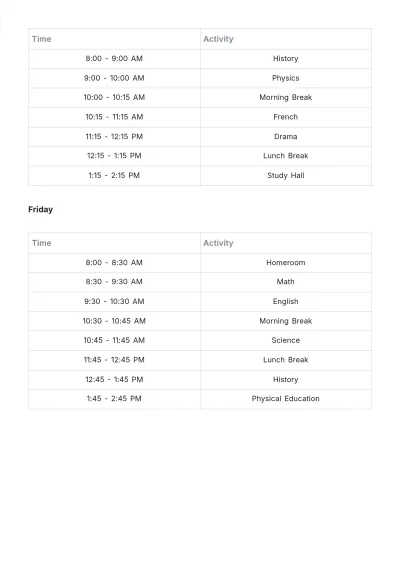 Free School Weekly Schedule Template to Edit Online