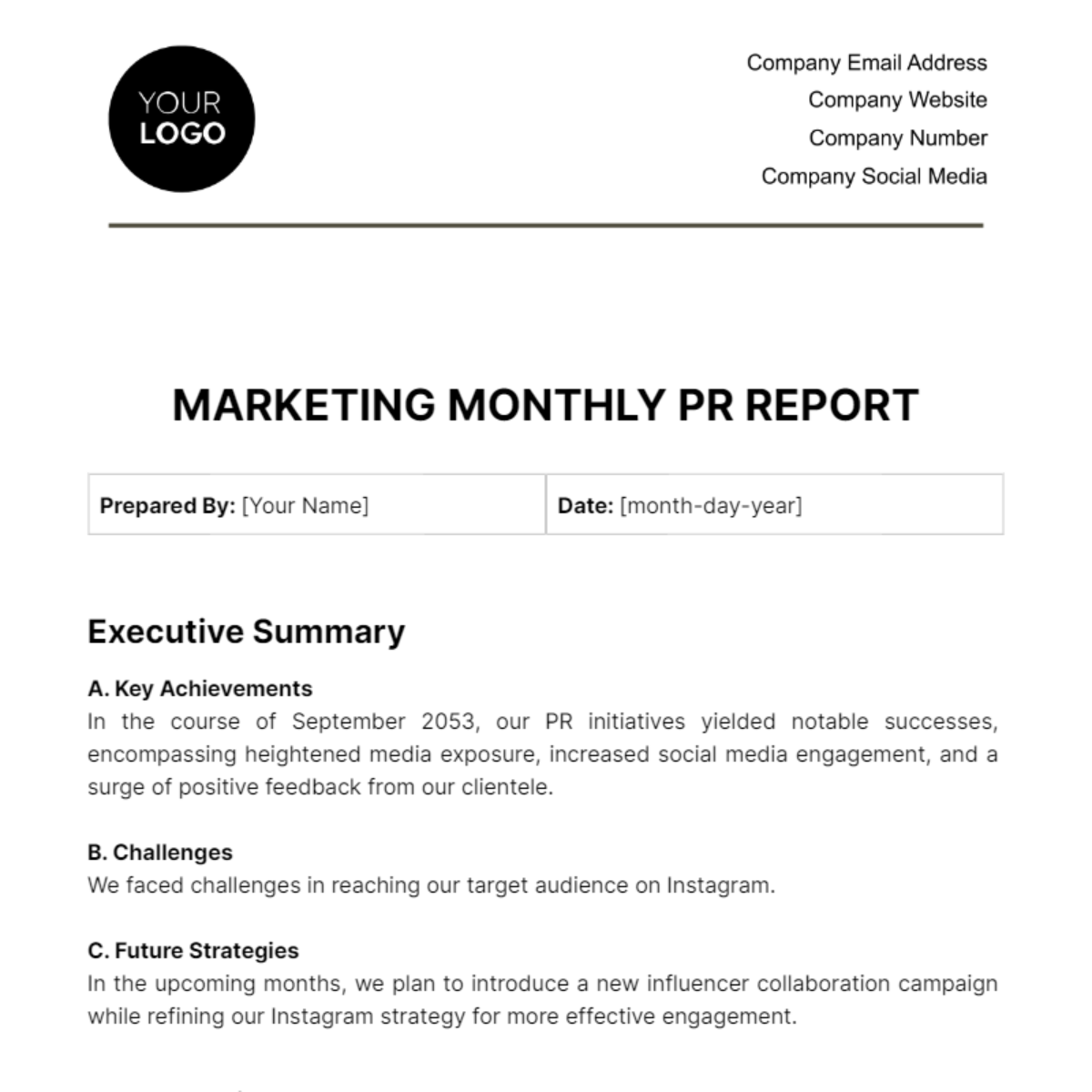 Marketing Monthly PR Report Template