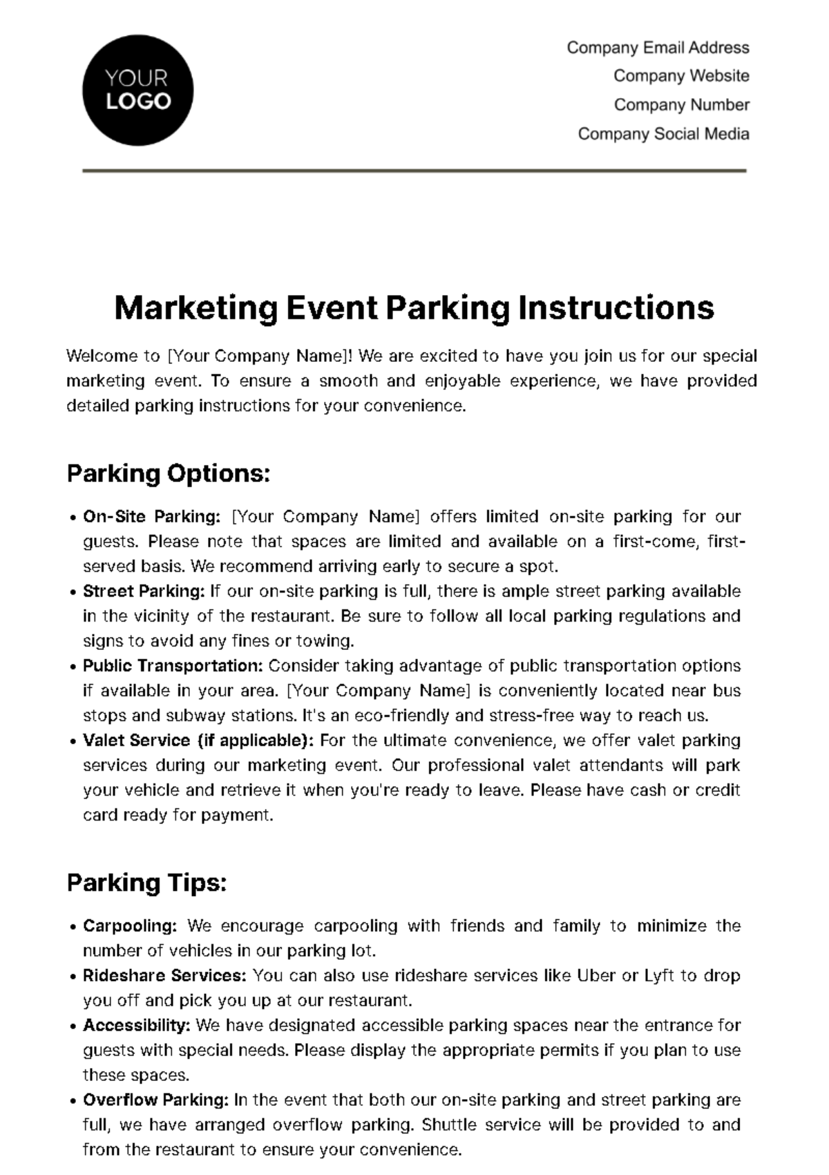 Free Marketing Event Parking Instructions Template