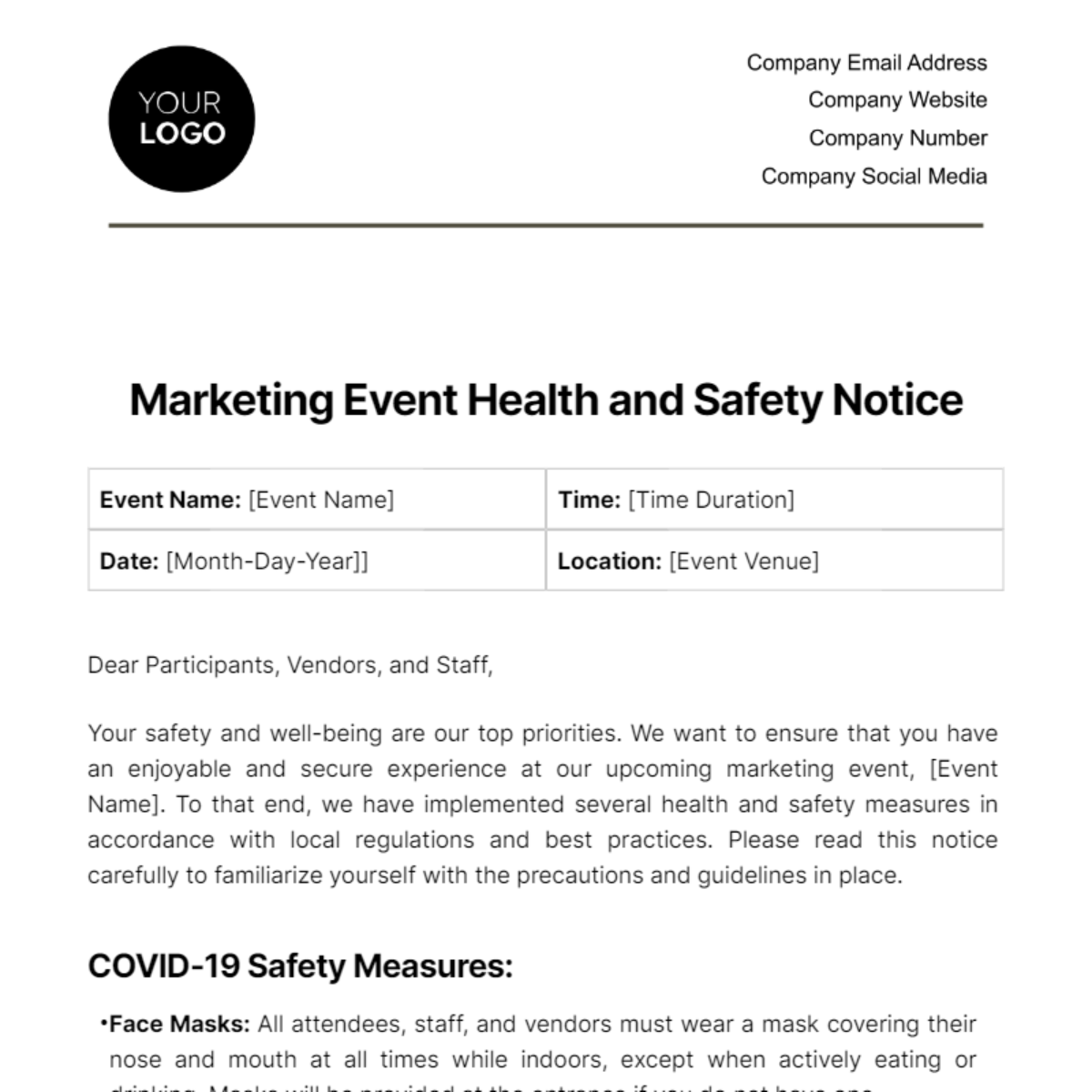Marketing Event Health and Safety Notice Template