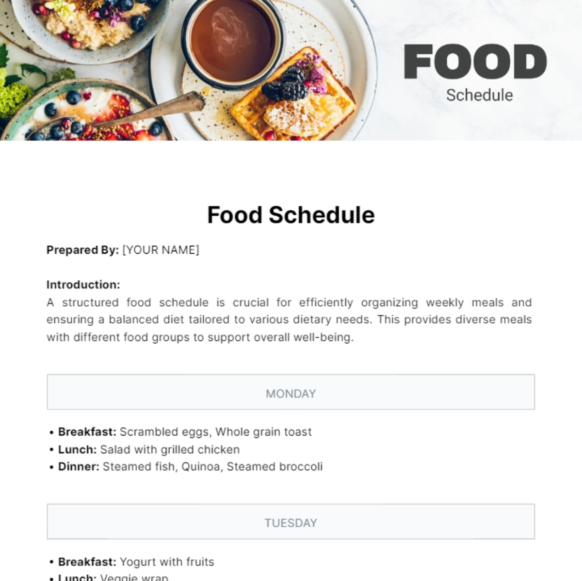 Free Food Schedule Template