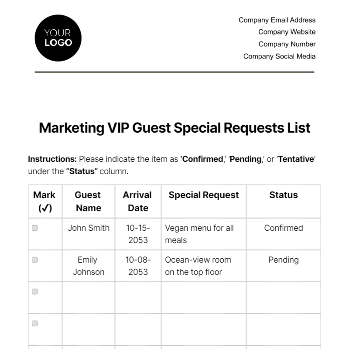 Marketing VIP Guest Special Requests List Template