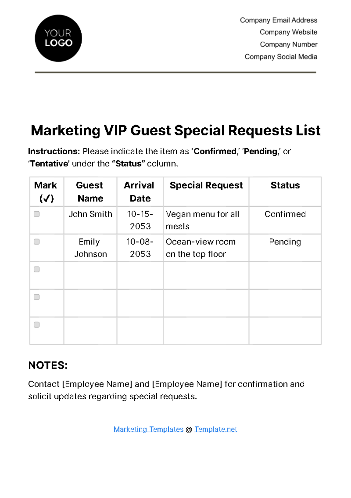 Marketing VIP Guest Special Requests List Template