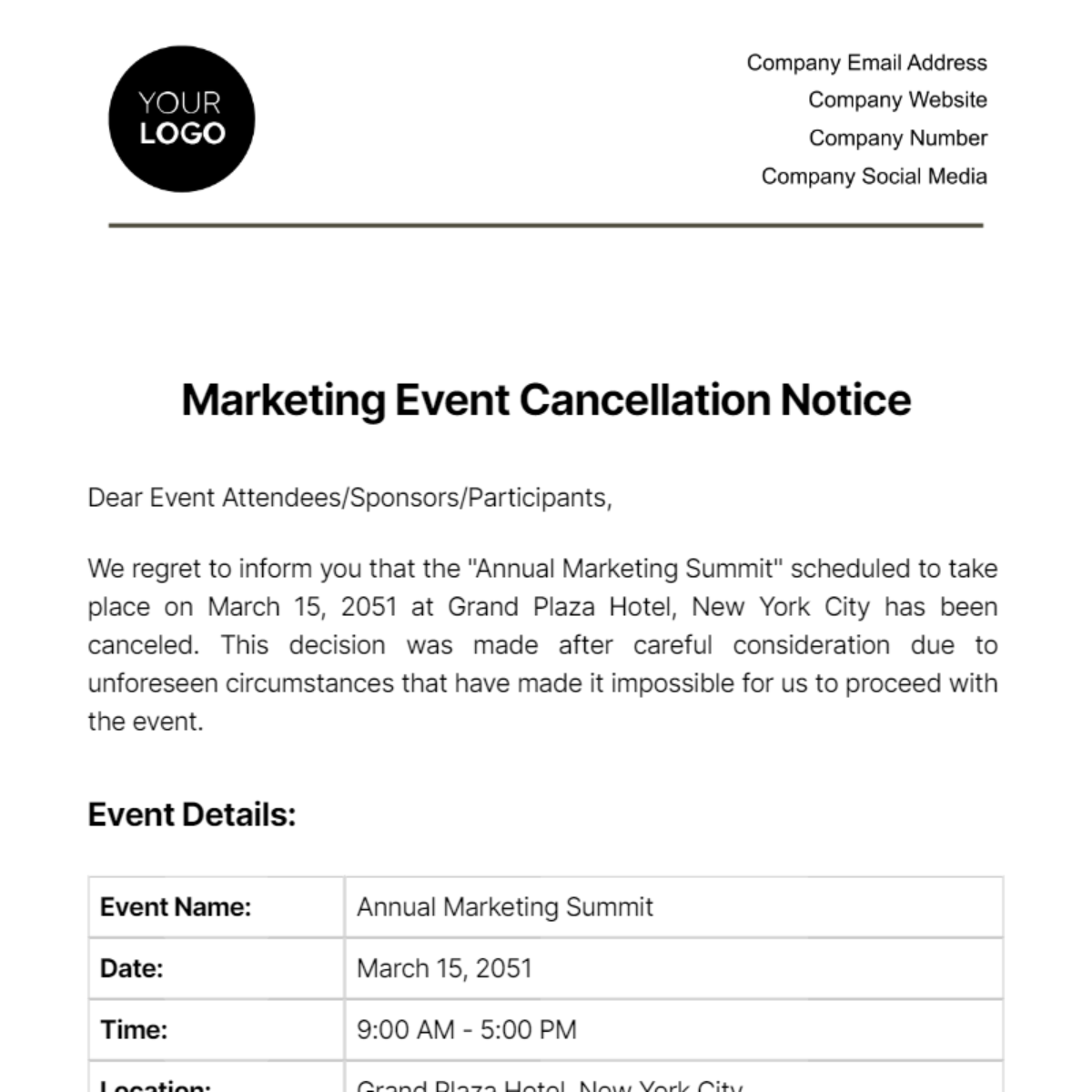 Marketing Event Cancellation Notice Template