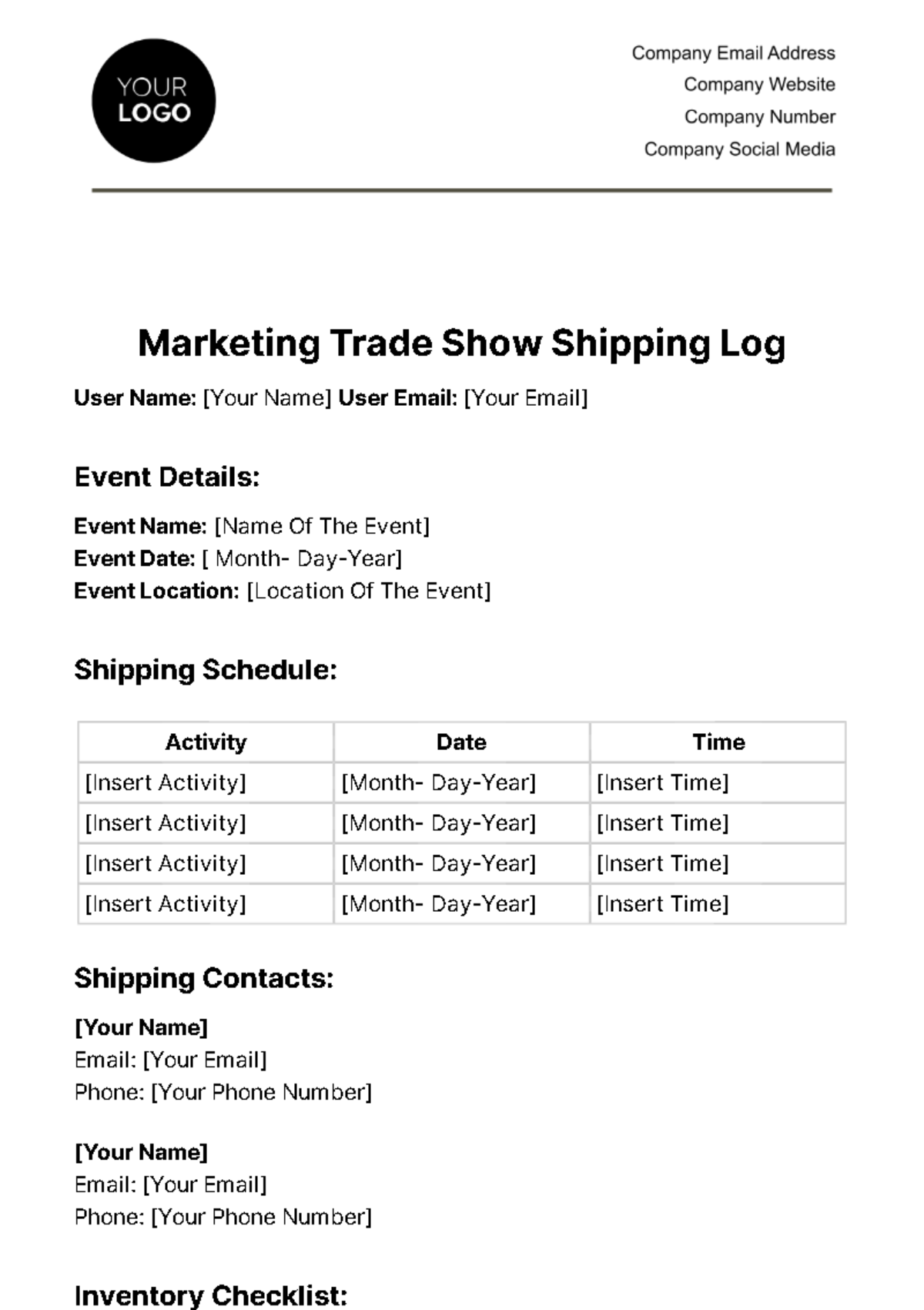 Marketing Trade Show Shipping Log Template