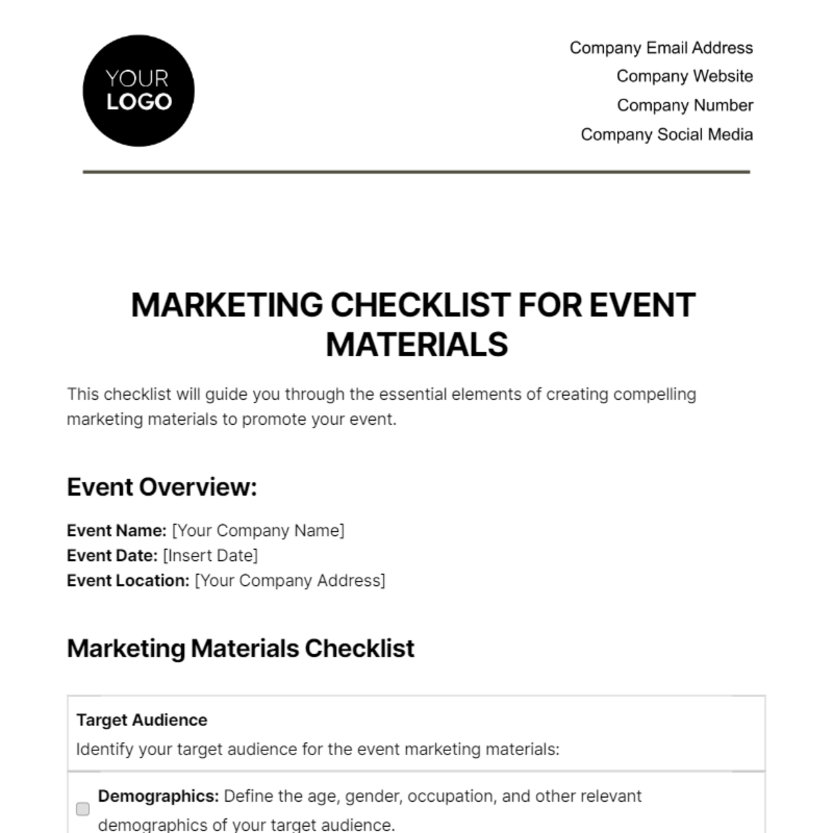 Marketing Checklist for Event Materials Template