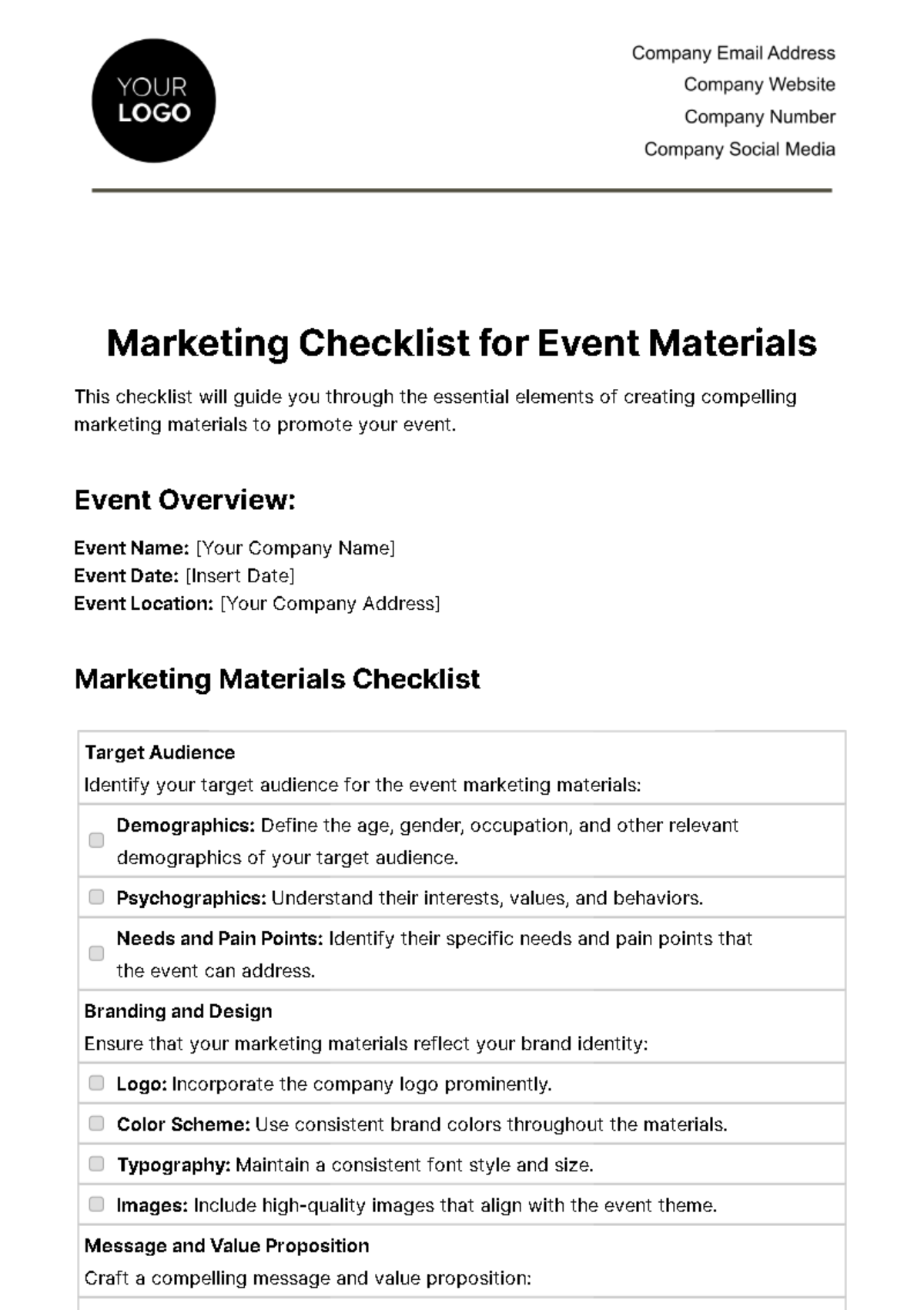 Free Marketing Checklist for Event Materials Template
