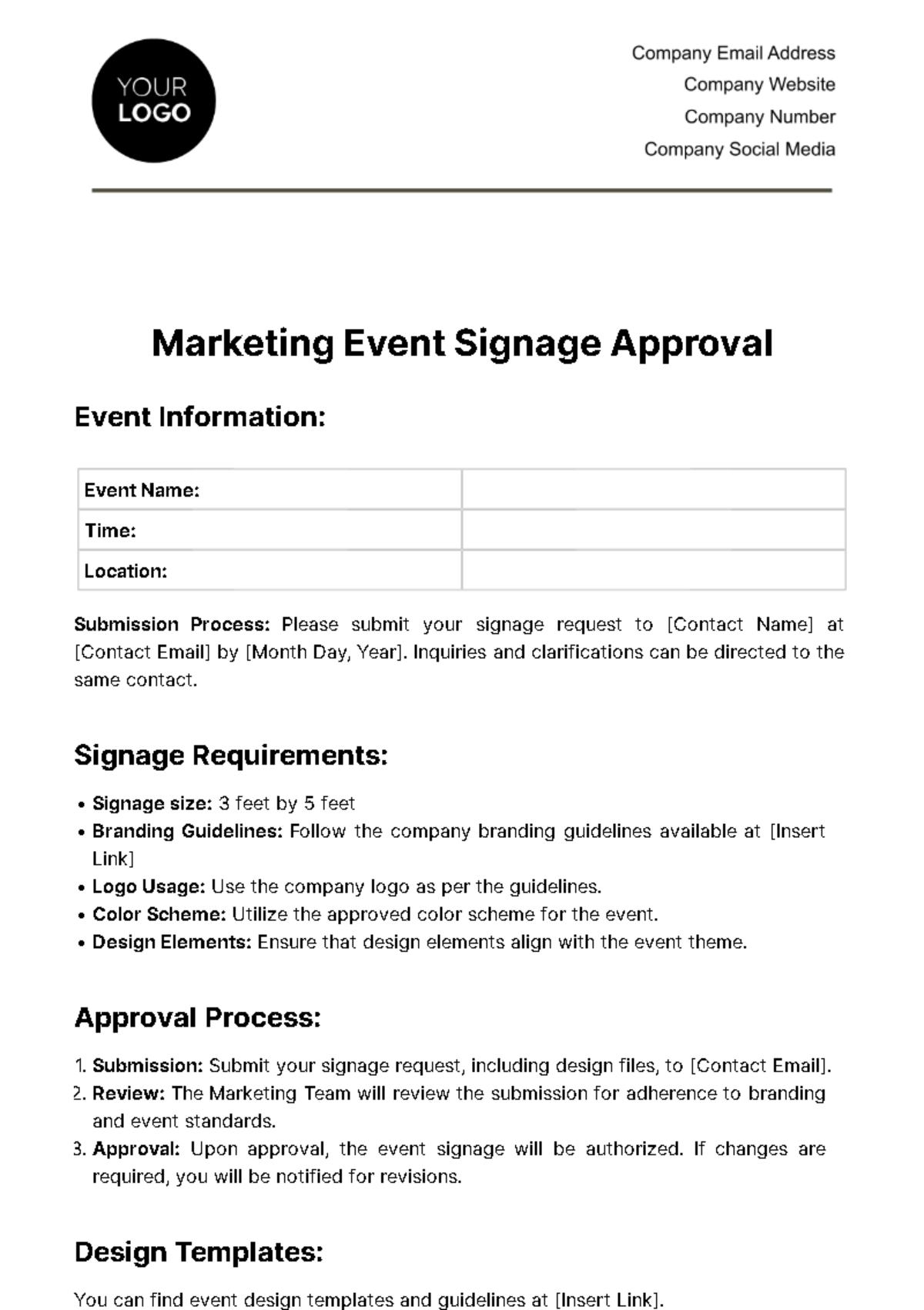 Free Marketing Event Signage Approval Document Template
