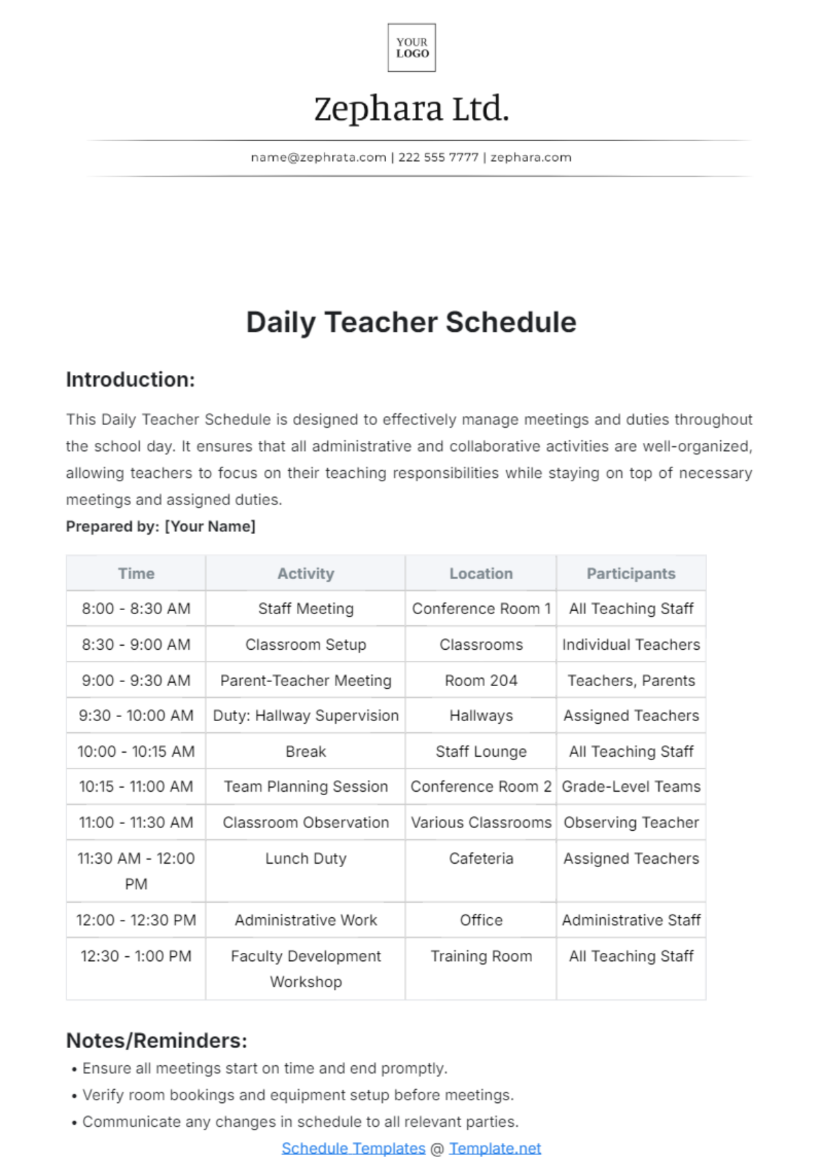 Daily Teacher Schedule Template - Edit Online & Download